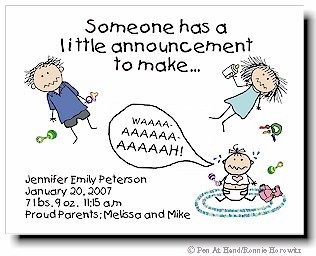 Pen At Hand Stick Figures Birth Announcements - Waah (color)
